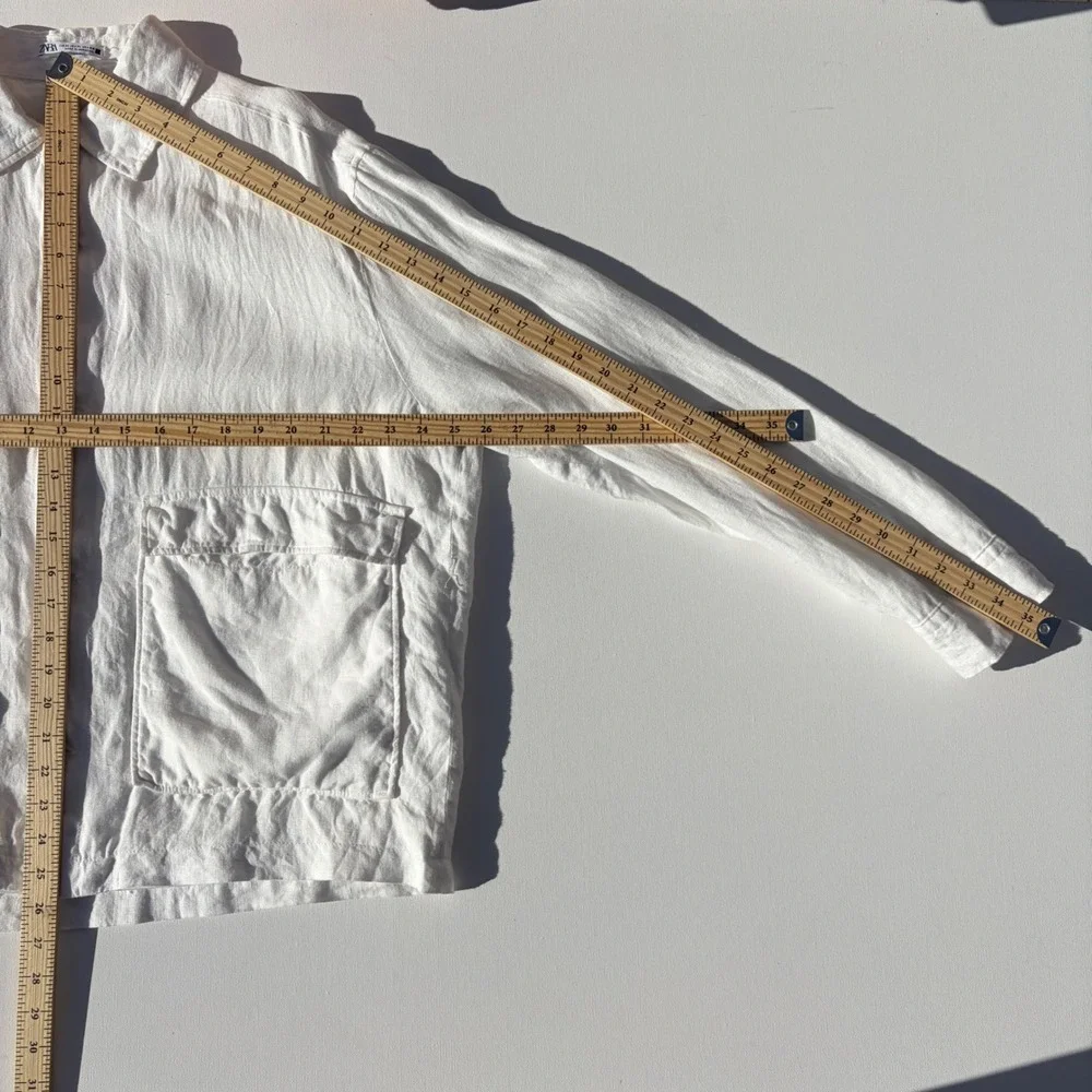 Zara‎ White 100% Linen Utility Jacket Womens XL Button Front Lined Workwear Coat